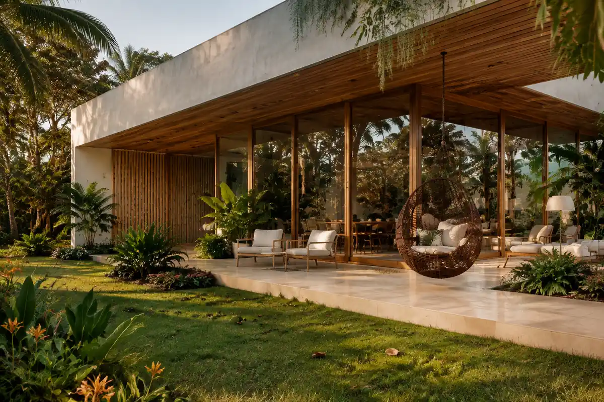 Pavilhão com esquadrias de vidro integradas ao jardim